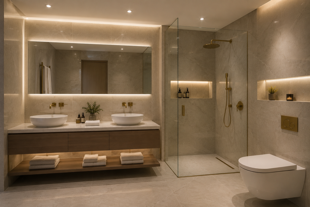Baño moderno de hotel con ducha de obra, doble lavabo, espejo retroiluminado y equipamiento de diseño para hoteles de alta gama.