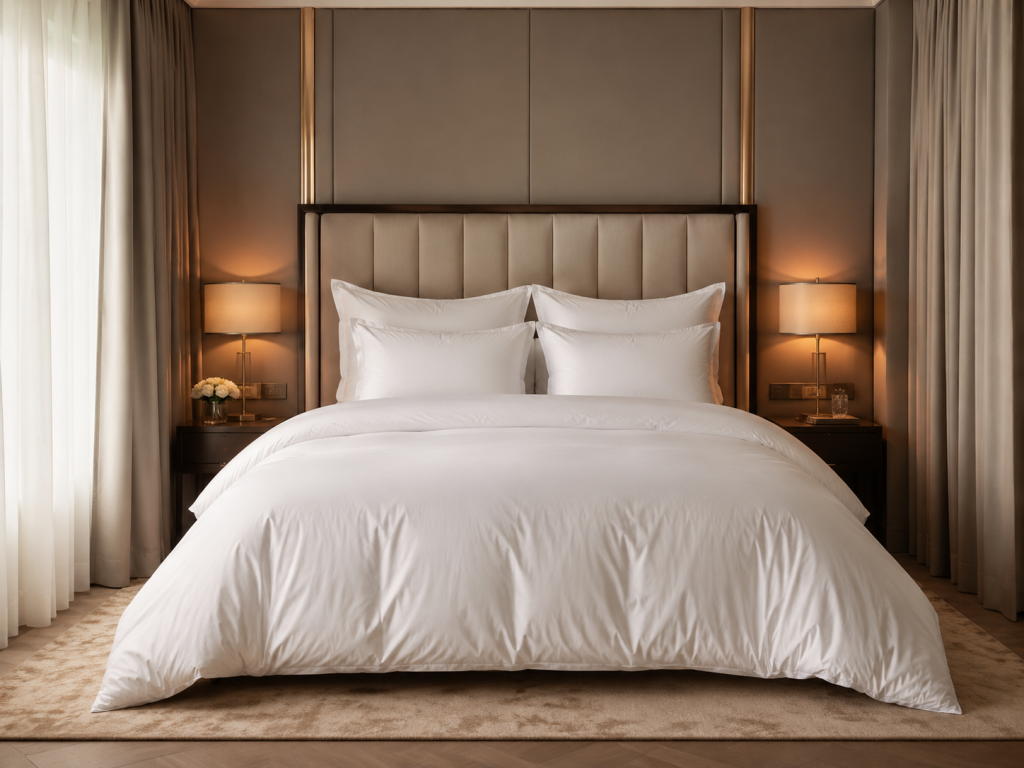 Habitación de hotel de cinco estrellas con cama premium, nórdico de alta calidad, almohadas, cabecero tapizado y cortinas confeccionadas a medida.