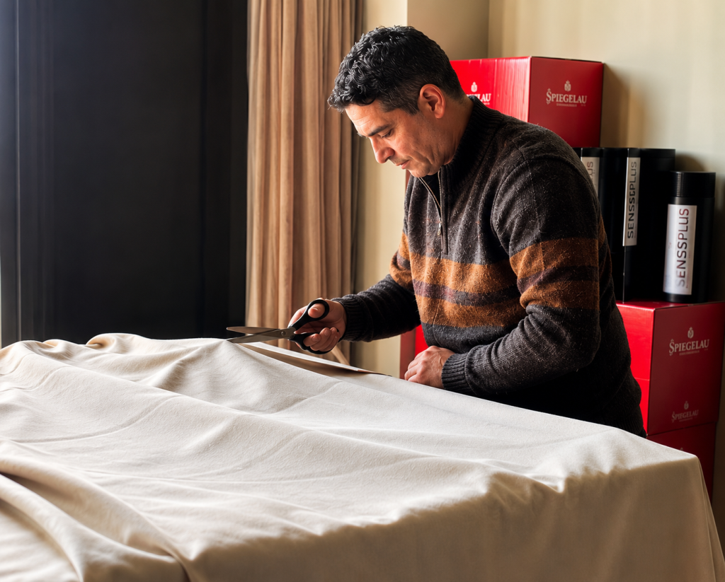 Proceso de corte y confección de mantelería a medida para restaurantes, hoteles y eventos realizado por Equipamientos para Hostelería Curras y Salgado en España