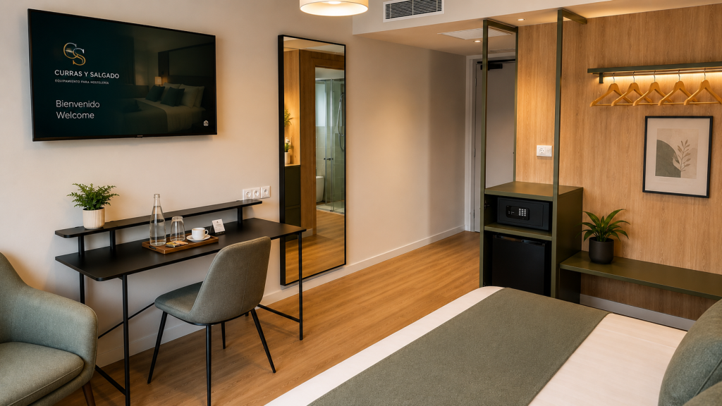 Habitación de hotel equipada con mobiliario profesional, escritorio, minibar, caja fuerte, televisor y soluciones de equipamiento suministradas por Equipamientos para Hostelería Curras y Salgado.