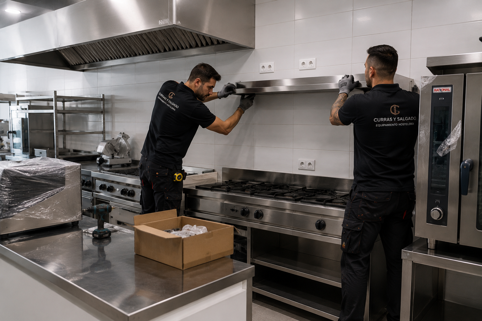 Técnicos especializados instalando equipamiento y mobiliario de acero inoxidable en una cocina industrial para hostelería.
