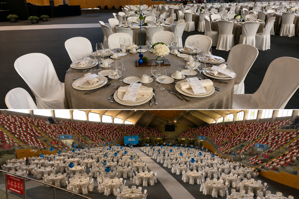 Montaje integral de mantelería a medida para un gran evento, con mesas vestidas, fundas de silla, vajilla, cristalería y equipamiento profesional para hostelería.