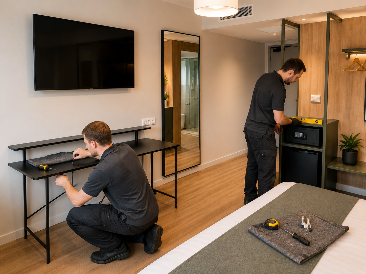 Personal cualificado realizando el montaje de mobiliario, escritorio, minibar y caja fuerte en una habitación de hotel.