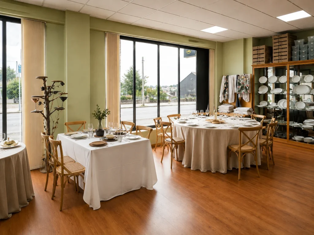 Showroom de Equipamientos para Hostelería Curras y Salgado con exposición de vajilla, cristalería, mantelería y menaje profesional para restaurantes y hoteles.