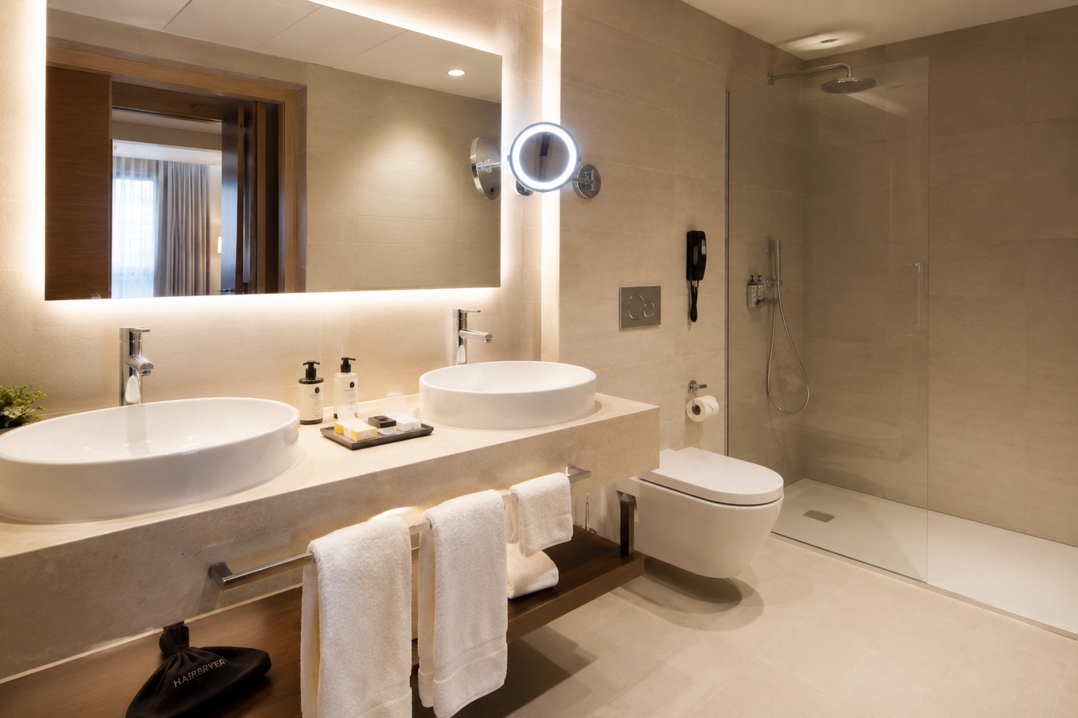 Baño de hotel completamente equipado con lavabo, espejo iluminado, ducha, secador, amenities y accesorios profesionales para hostelería.