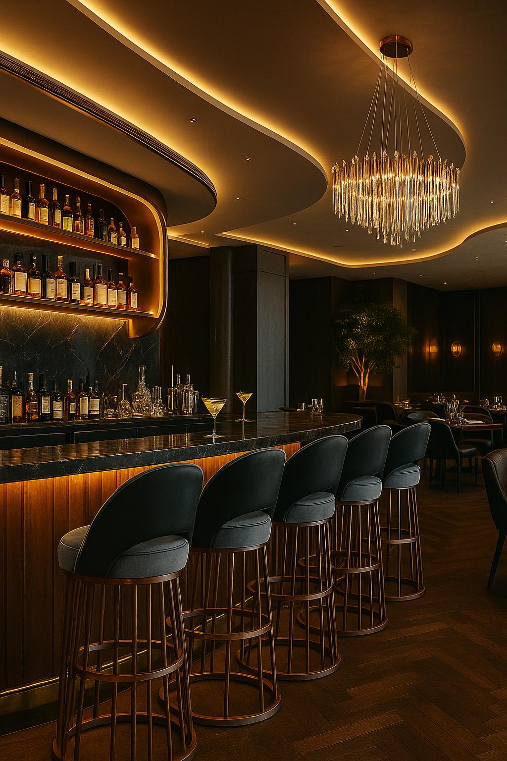 Barra de bar de alta gama con taburetes de diseño, iluminación decorativa y equipamiento profesional para restaurantes, hoteles y espacios gastronómicos.