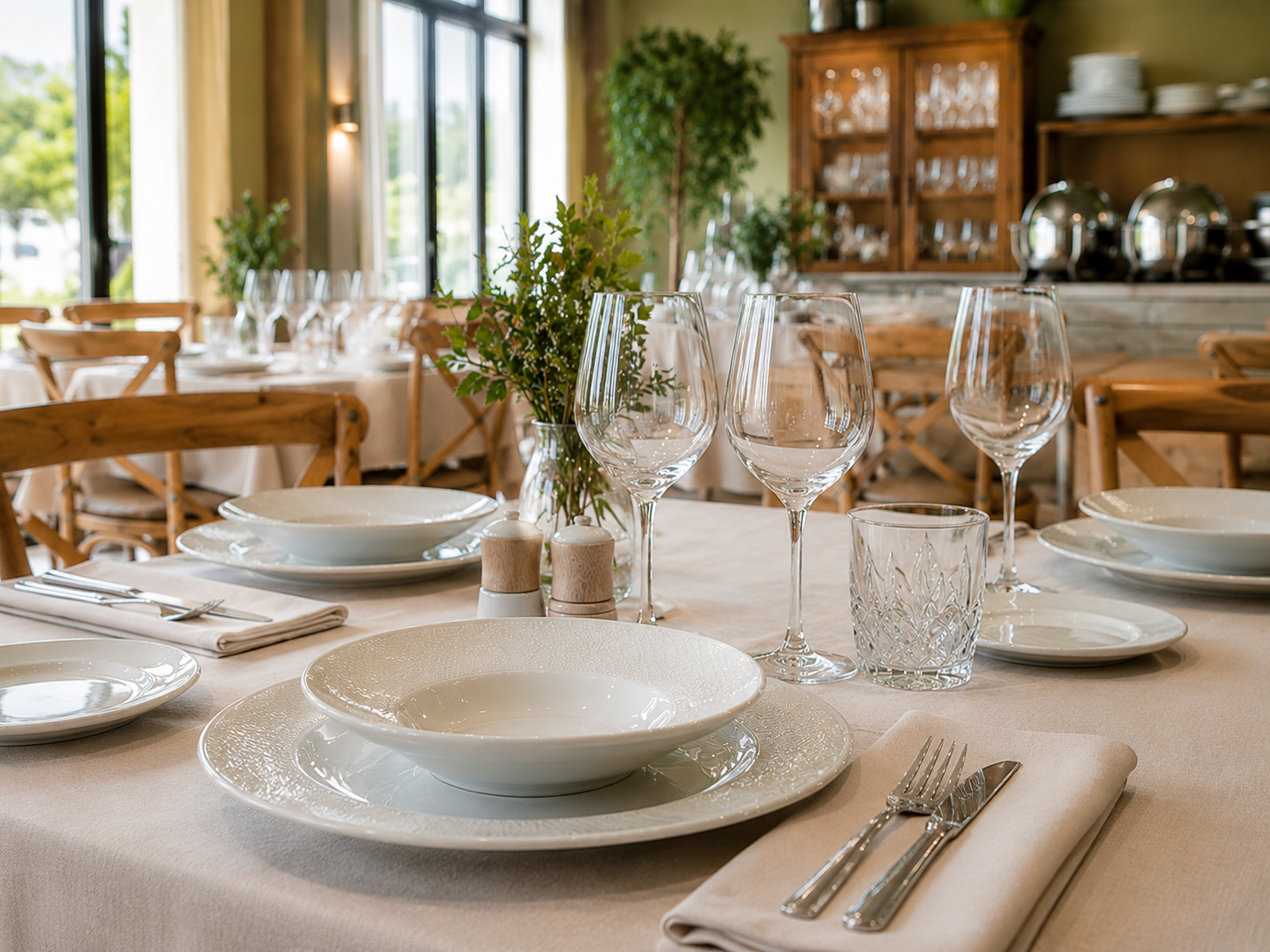 Mesa de restaurante equipada con vajilla, cristalería, cubertería y mantelería profesional