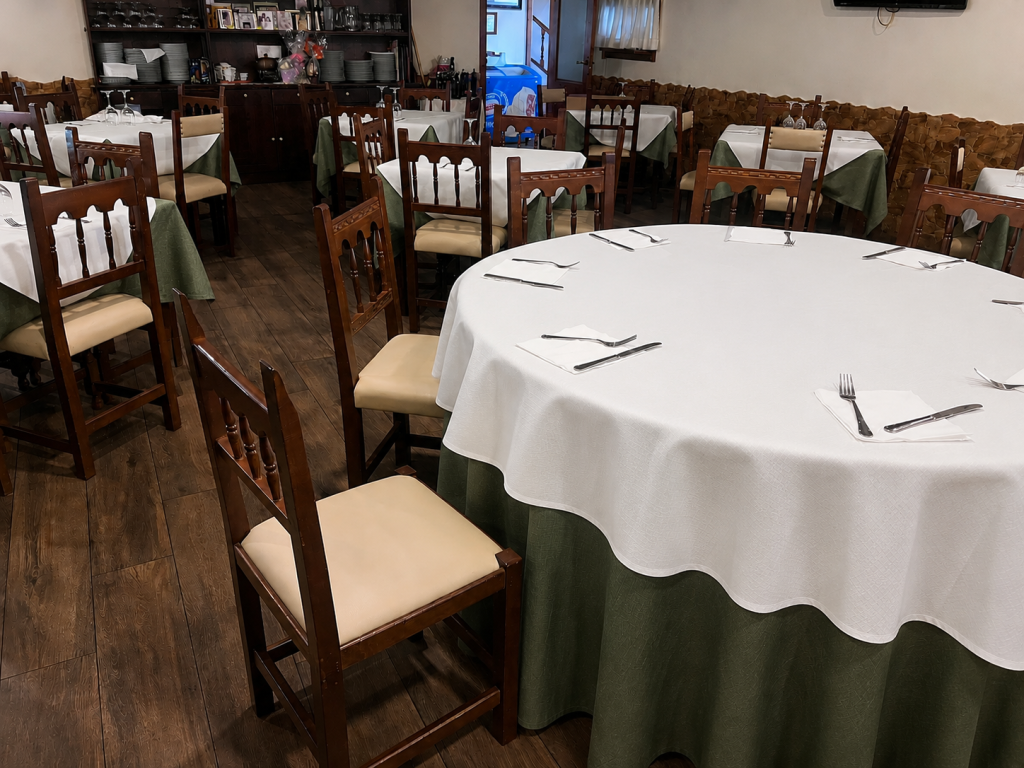 Montaje de mantelería profesional en el Hotel Restaurante Arume de Monforte de Lemos, Lugo.
