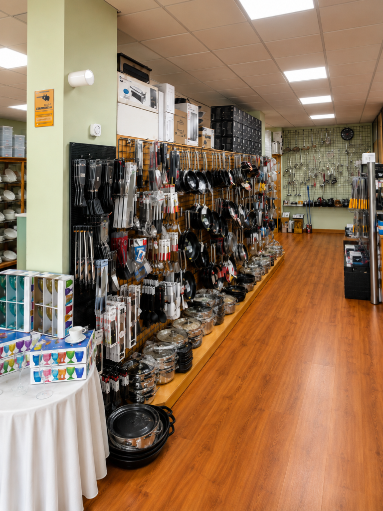 Exposición de sartenes, utensilios de cocina, menaje profesional y equipamiento para restaurantes, hoteles y cafeterías en el showroom de Curras y Salgado.