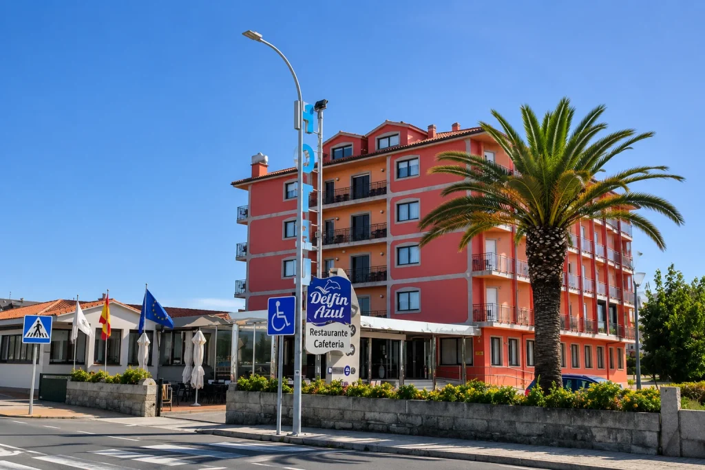 Fachada del Hotel Delfín Azul en Sanxenxo, Pontevedra